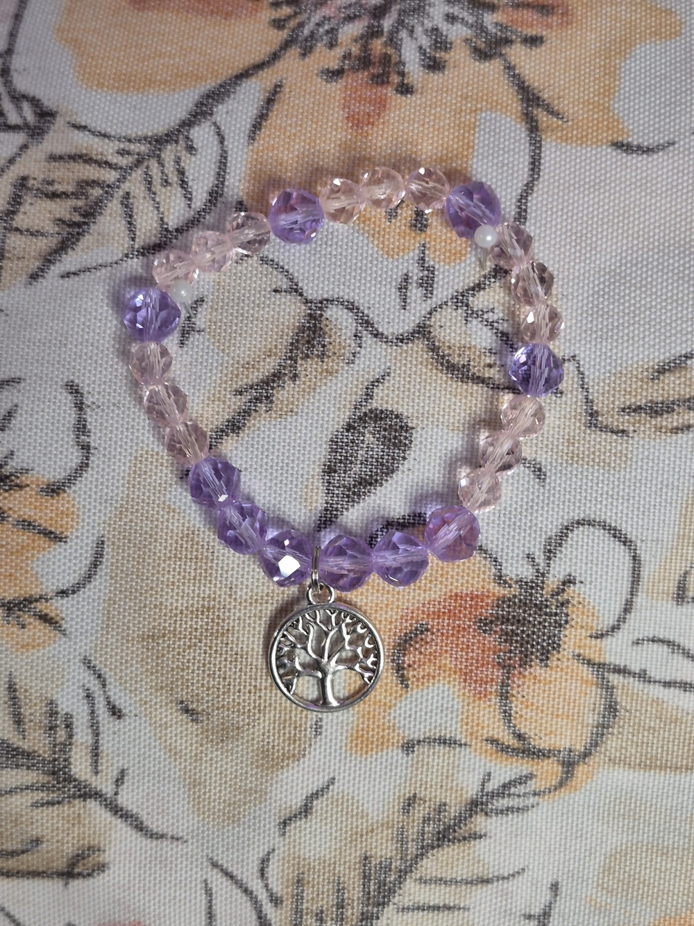 Handmade Pink & Purple Beaded Bracelet with Tree of Life Charm